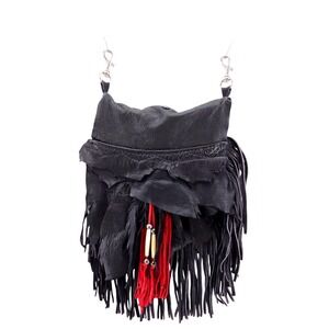 Fringe Leather Handmade‎ Black Belt Bag - Size 8x6